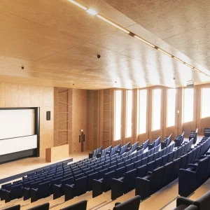 Reportage photo à l'intérieur de l'Université Paris Saclay - salle de conférence en bois claire