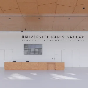 Reportage photo Université Paris Saclay - Hall d'accueil habillé de bois clair