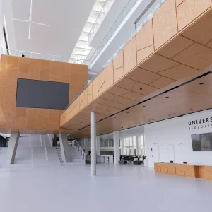 Reportage photo Paris Saclay - Vue en contre plongé du hall d'entrée